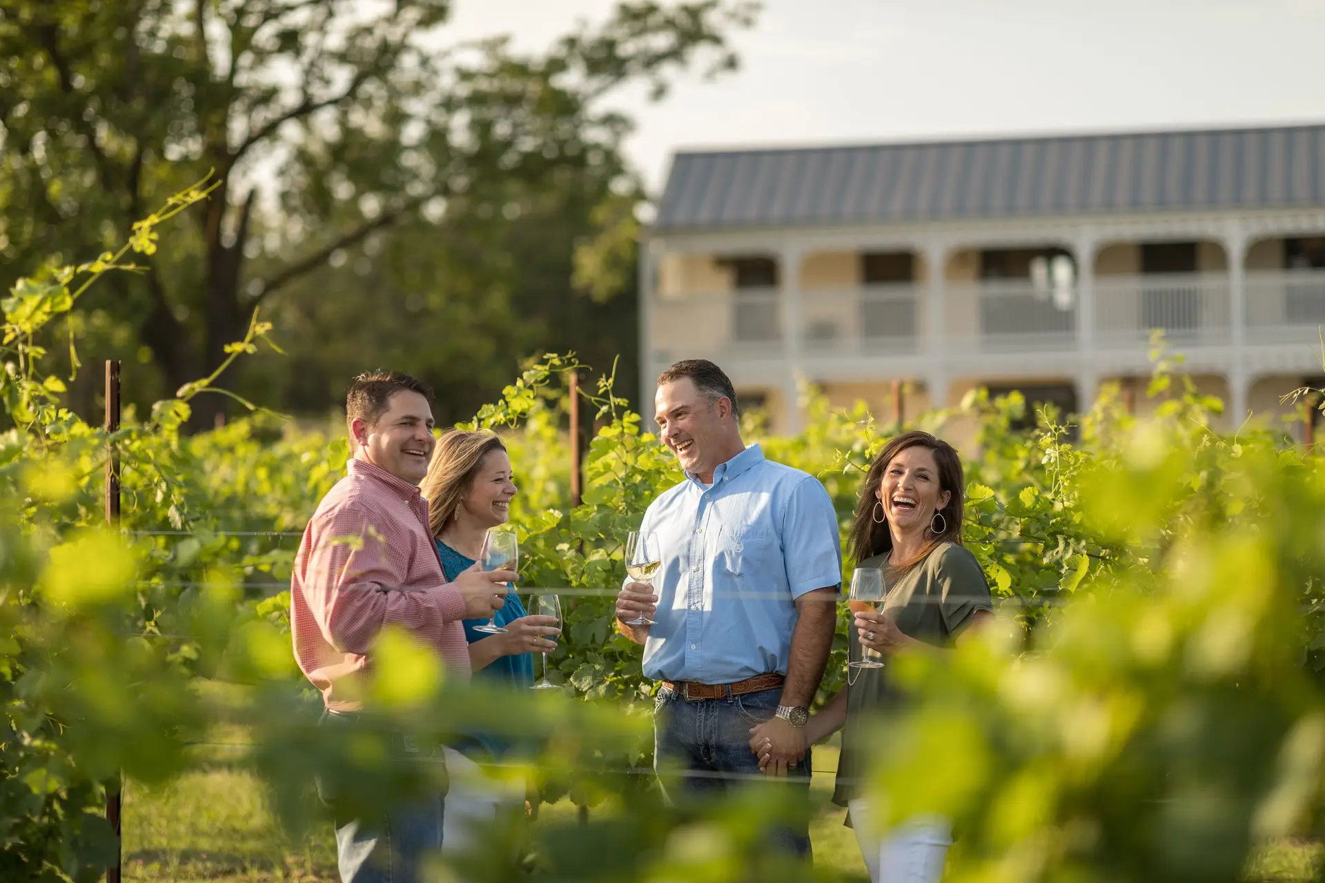 Couples laughing and enjoying wine at Fredericksburg, Texas winery