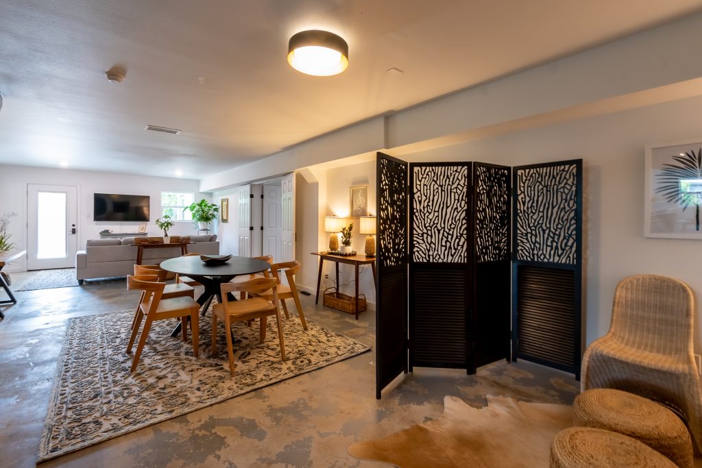 Living room of the bright and spacious Garden House in Fredericksburg, Texas